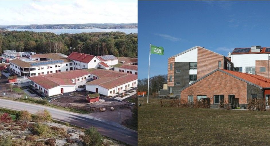 Två skolbyggnader, den vänstra med vita fasader och rött tak belägen nära skog och vatten, den högra med moderna tegelväggar och flagga på en gräsmatta
