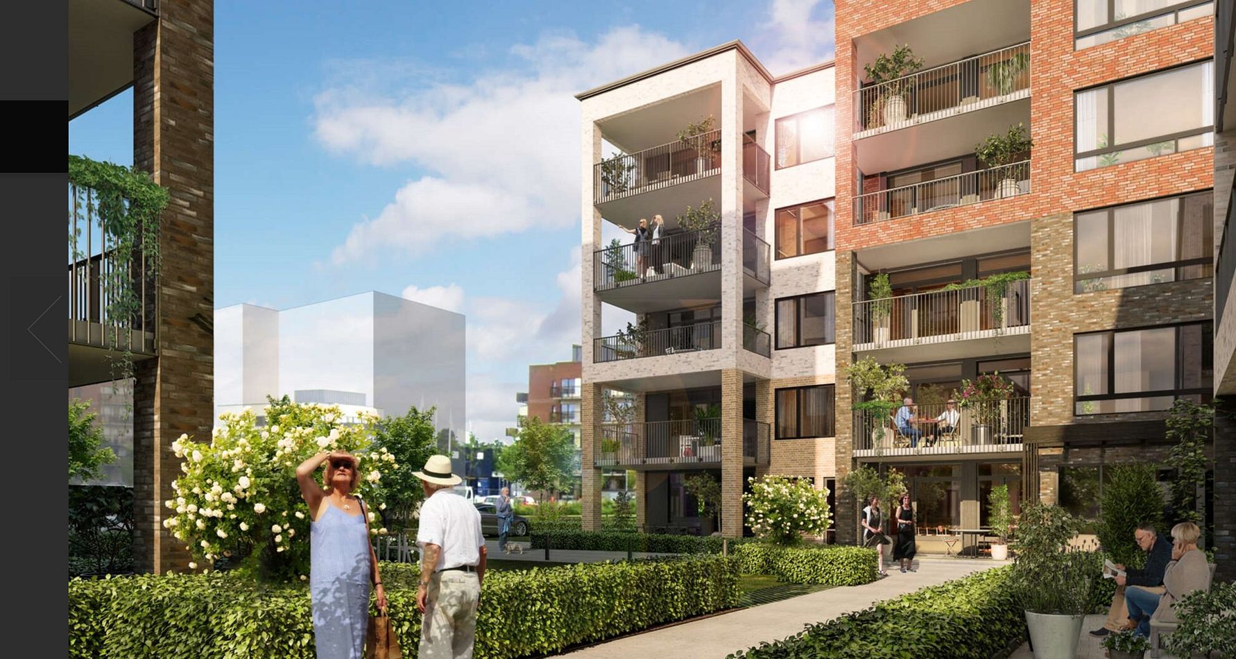 Modern bostadsområde med flerfamiljshus, gröna trädgårdar och människor som promenerar och vistas på balkonger