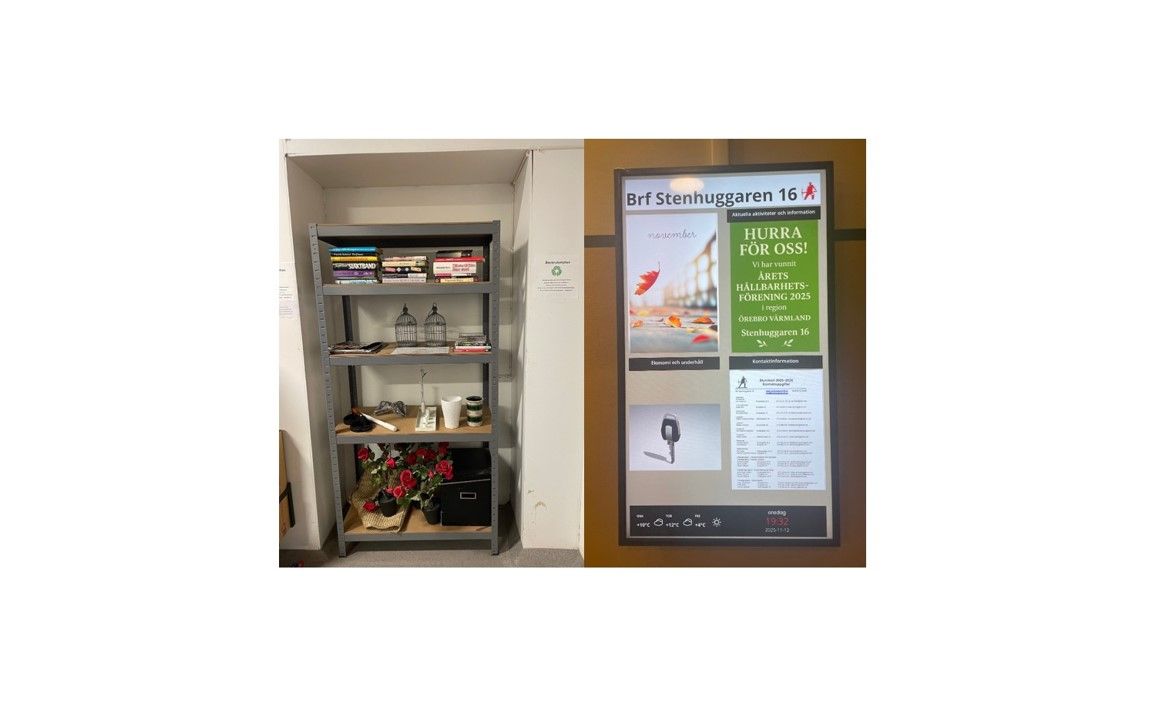 Bild på en hylla med böcker, dekorationer och blommor till vänster, samt en informationsskärm med text och bilder till höger