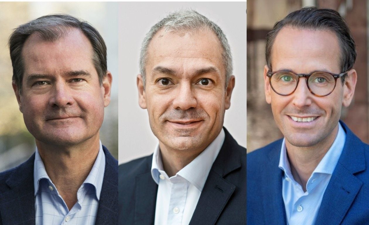 Tre personer i formella kavajer och skjortor, fotograferade mot olika bakgrunder