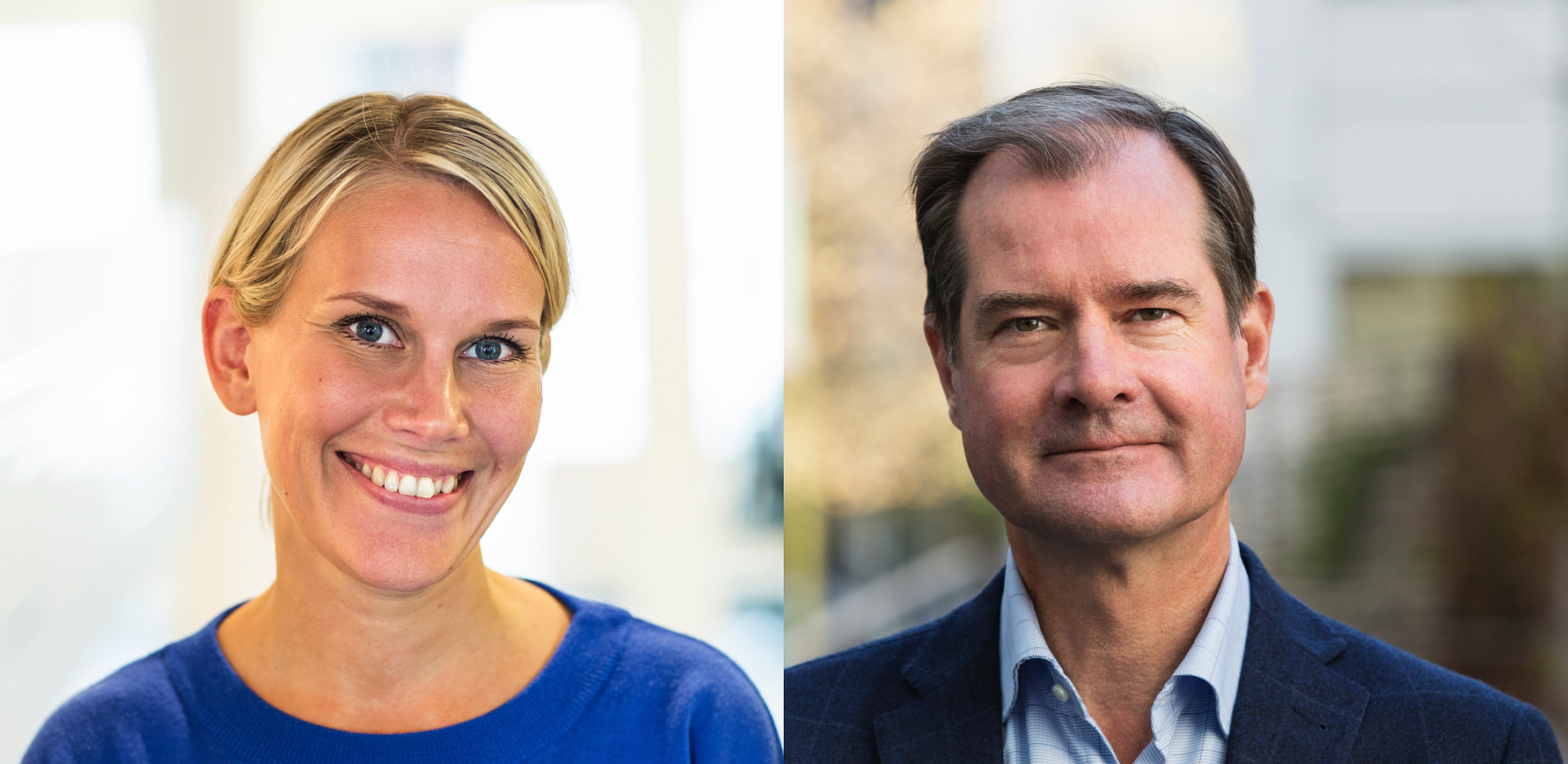 Två personer sida vid sida; en kvinna i blå tröja med blont hår till vänster och en man i mörk kostym och skjorta till höger, med en suddig bakgrund