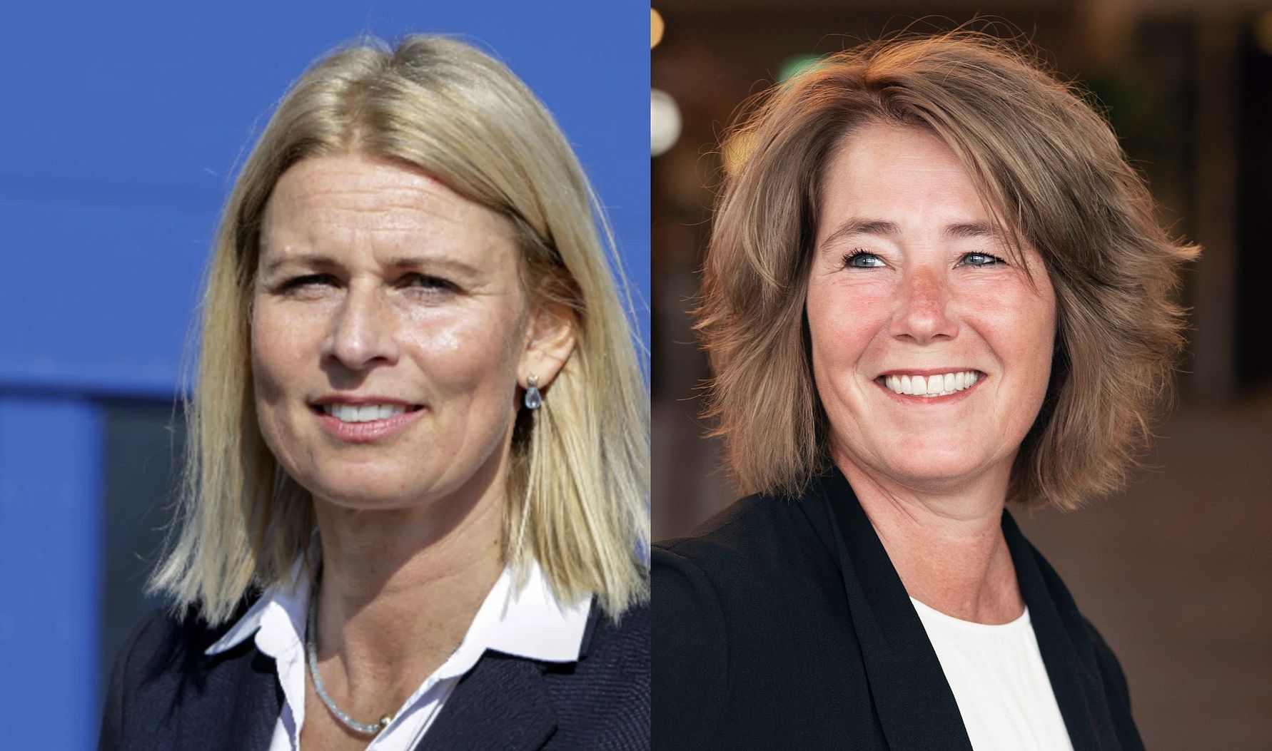 Två kvinnor i affärskläder; den ena med blont axellångt hår och blå bakgrund, den andra med kastanjebrunt hår och en suddig inomhusbakgrund