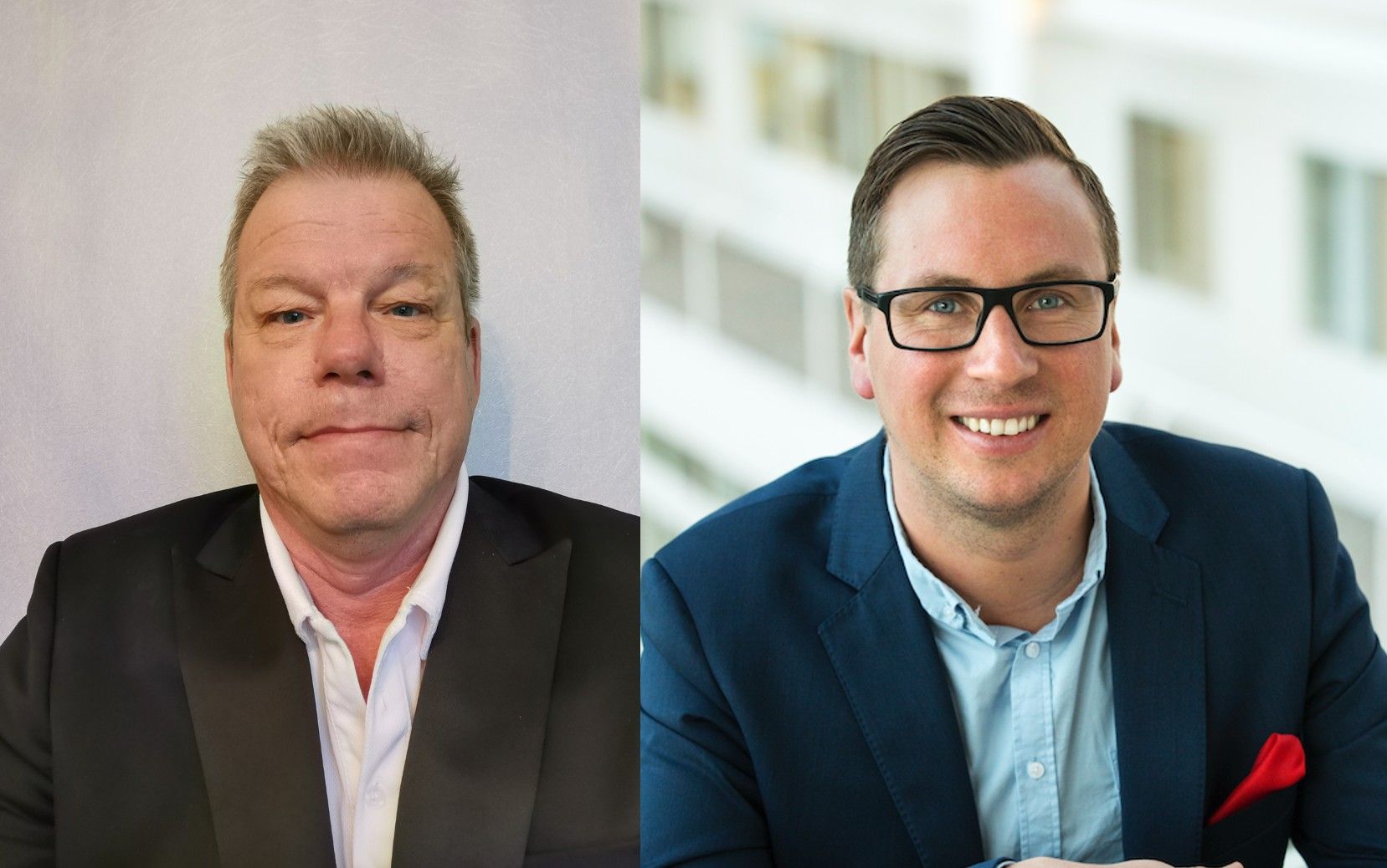 Två personer i formella kläder, den ena i en svart kostym och vit skjorta, och den andra i en mörkblå kavaj, ljusblå skjorta och röd näsduk, poserar inomhus