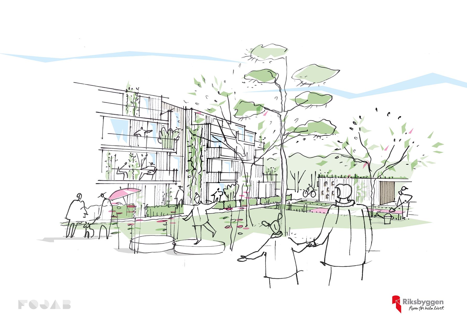 Skiss av ett modernt bostadsområde med grönområden, träd och människor som rör sig i utomhusmiljön