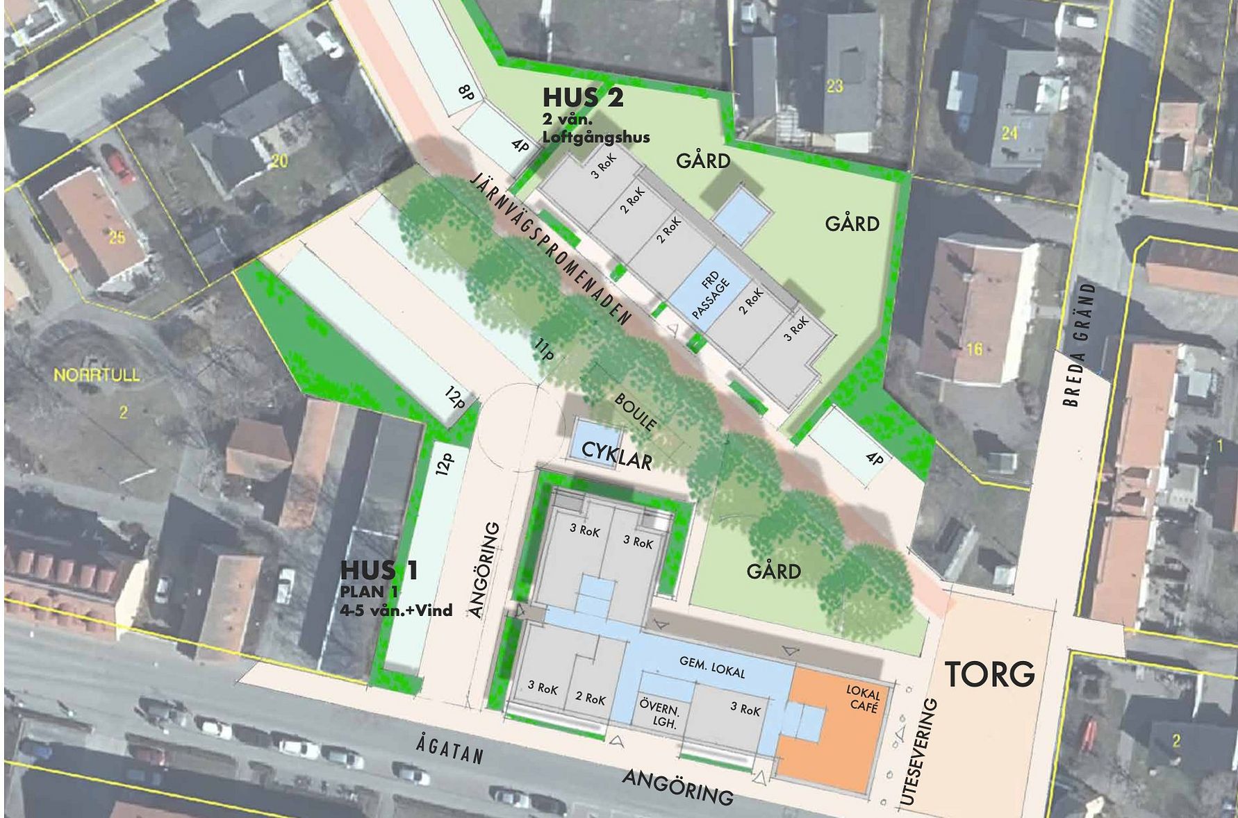Kartbild som visar en planerad bostadsområde med två hus, innergårdar, cykelparkering och omgivande gator
