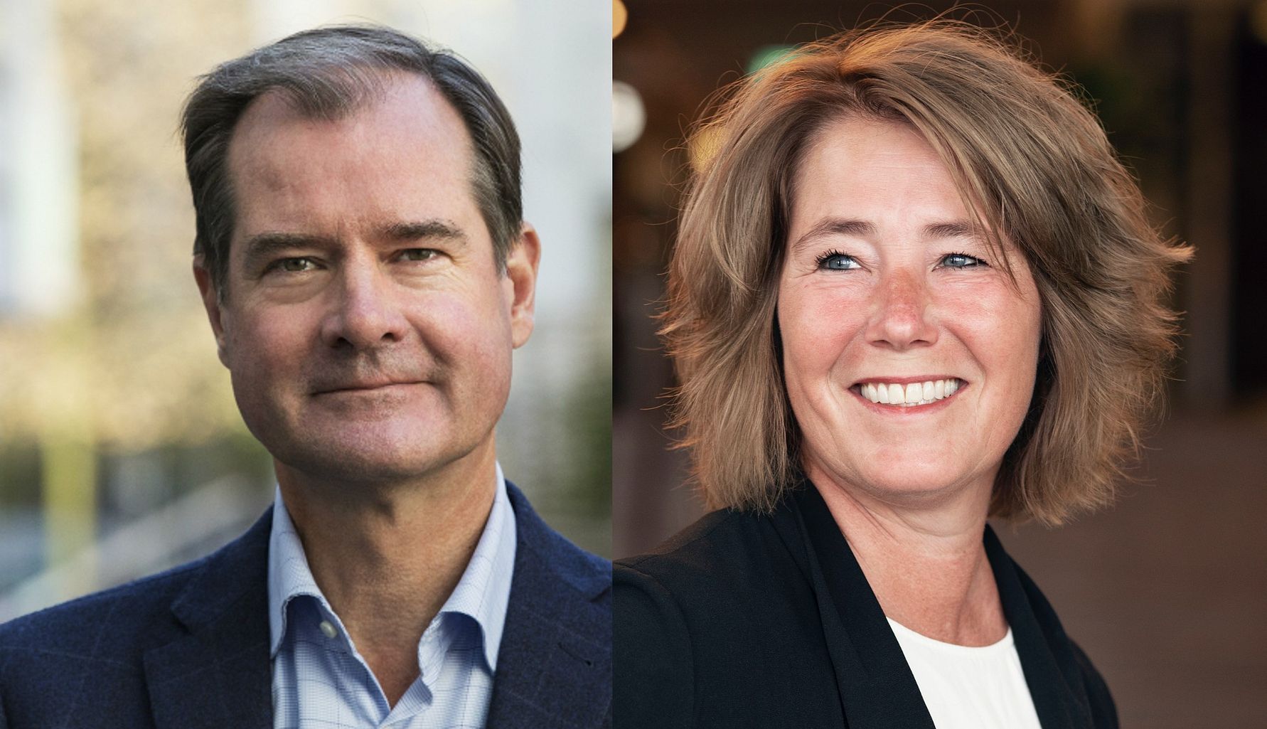 Två personer i formella kläder står framför olika bakgrunder, en med suddig utomhusbakgrund och en med suddig inomhusbakgrund