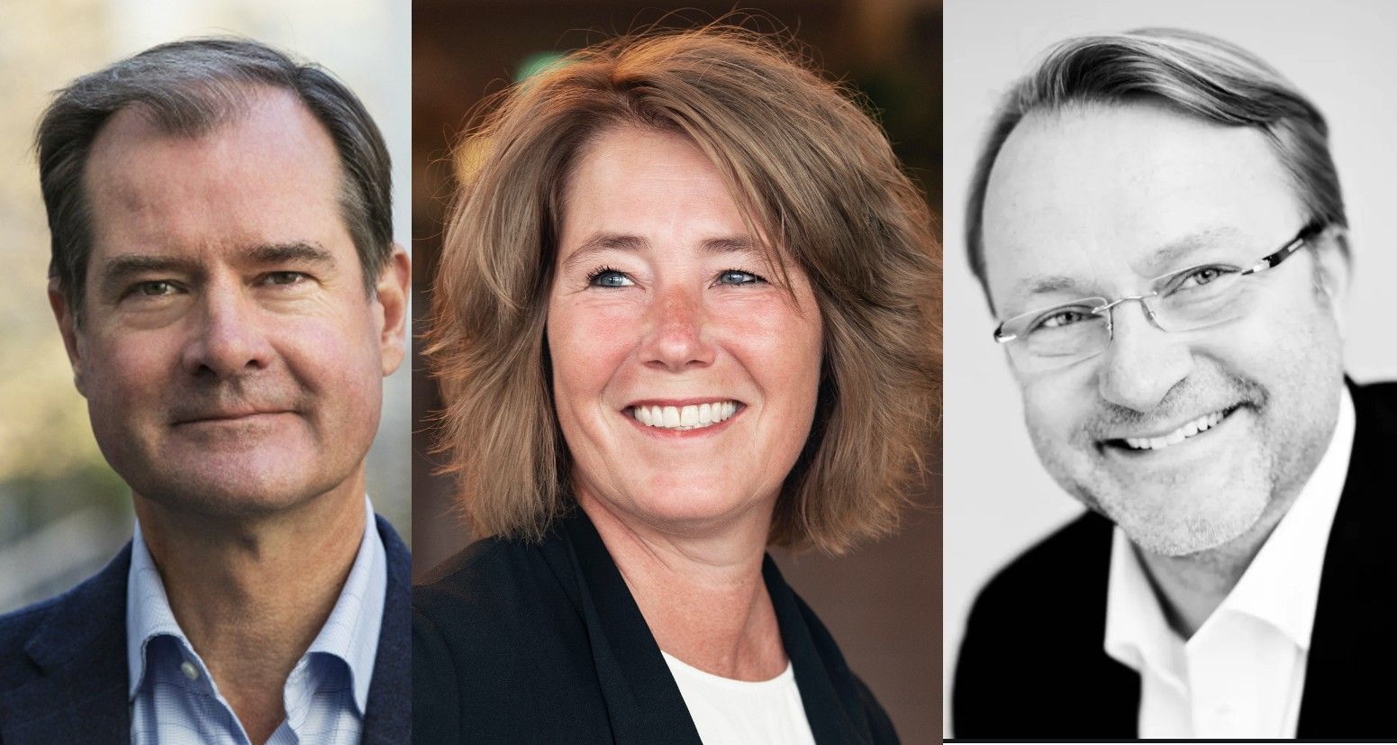 Tre personer i formell klädsel; en man i kostym till vänster, en kvinna med axellångt hår i mitten, och en man i kostym och skjorta till höger