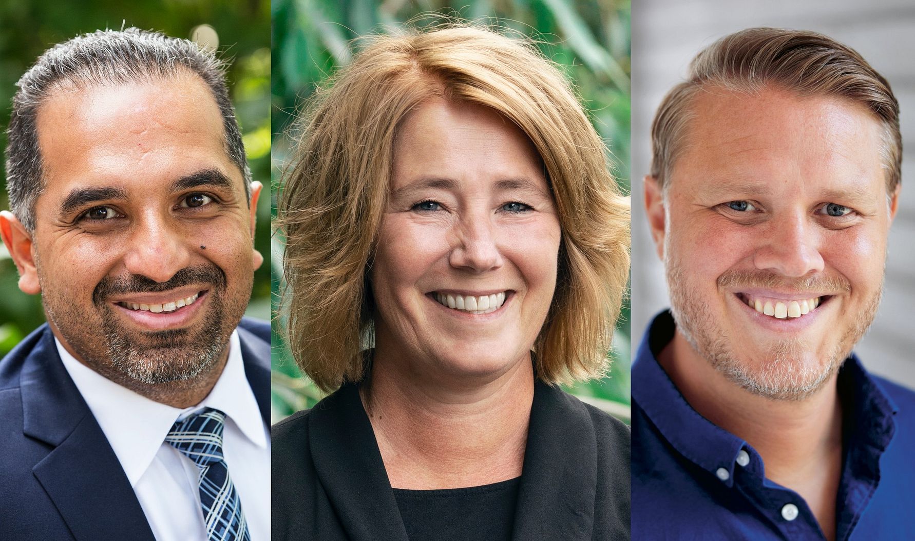 Tre personer står framför olika bakgrunder; en man i kostym och slips, en kvinna med kort blont hår i en svart outfit, och en man i en blå skjorta