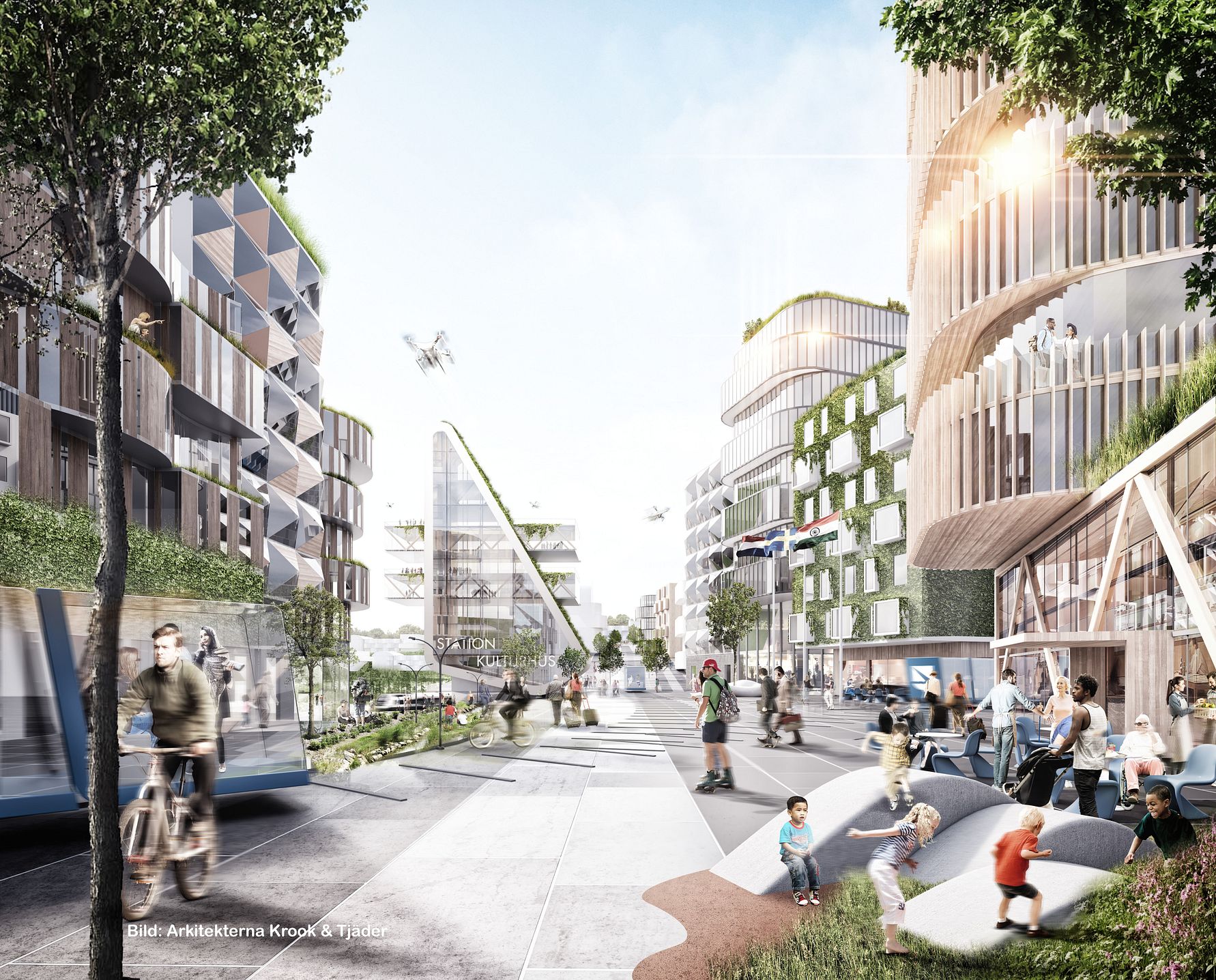Framtidsvision av en modern stadsdel med höga byggnader, gröna tak, träd, cyklister, fotgängare och kollektivtrafik i en urban miljö
