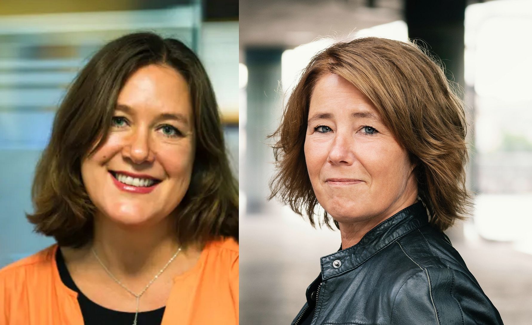 Två personer med axellångt hår, den ena klädd i en orange topp med ett halsband och den andra i en svart skinnjacka, står i olika miljöer