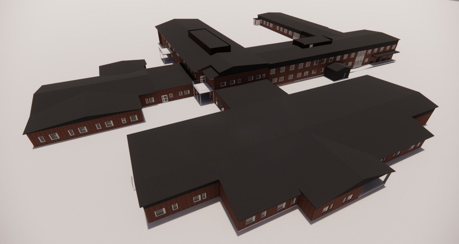 3D-modell av en större byggnad med mörkt tak och röda fasader, visad från ovan i vinkel