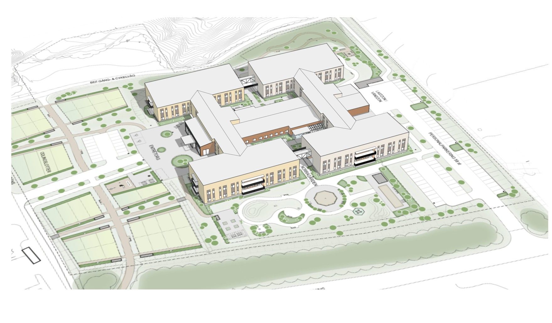 Illustration av en modern skolbyggnad med flera vinklade huskroppar, grönytor, sportanläggningar och parkeringar i ett planerat område