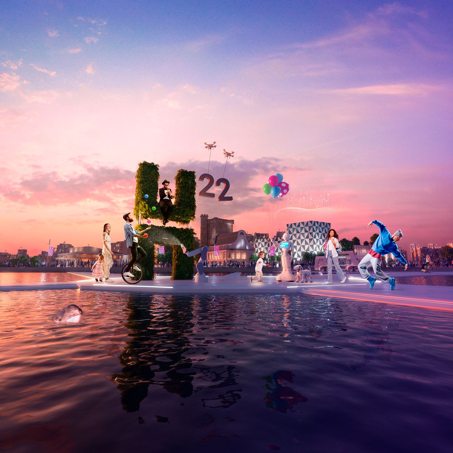 Vy över en futuristisk stadsmiljö vid vattnet med människor som interagerar med konstinstallationer, drönare och modern arkitektur under en rosa solnedgång