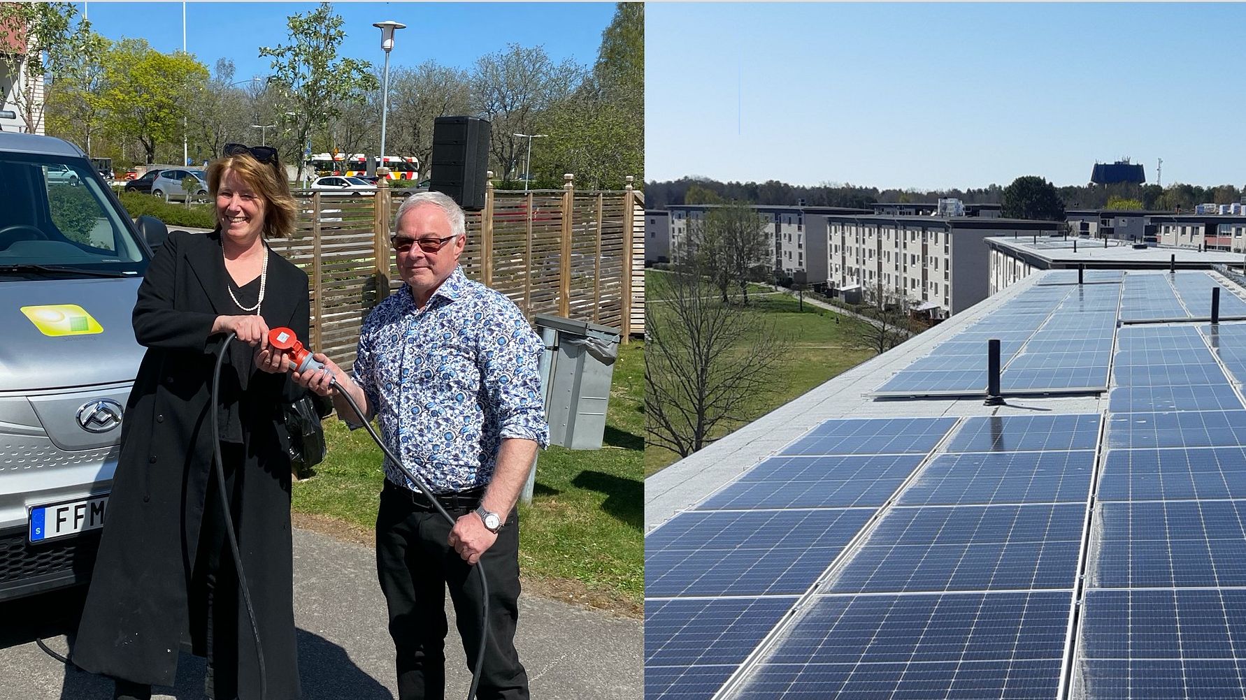 En kvinna och en man står utomhus vid en elbil och mikrofon, omgivna av grönska och staket; till höger syns solpaneler på taket av en byggnad i ett bostadsområde