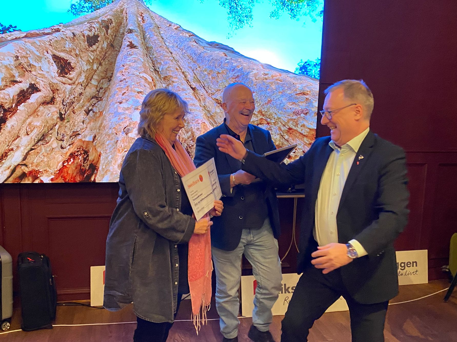 Tre personer interagerar i ett inomhusmöte framför en stor bildskärm som visar en närbild av ett träd. En person håller ett dokument och en annan sträcker ut handen