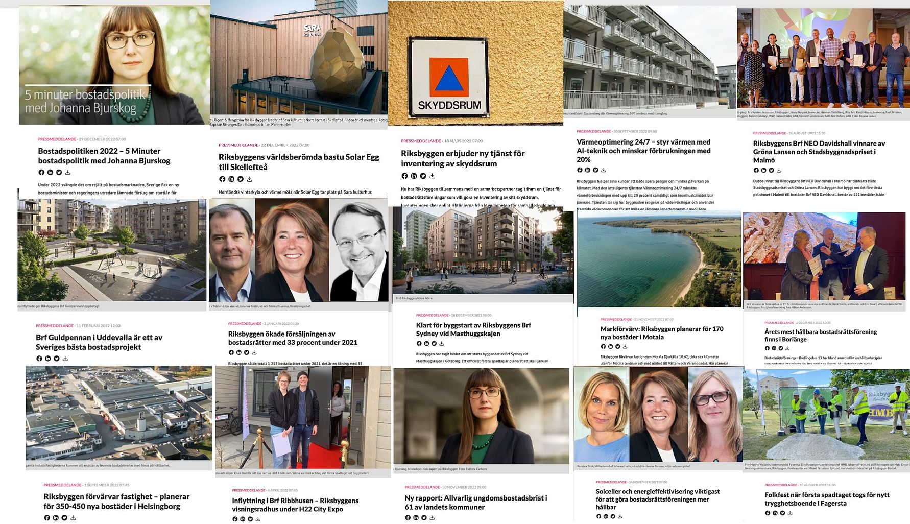 En samling av nyhetsartiklar med bilder som visar bostadsområden, byggnader, människor vid olika evenemang och landskap