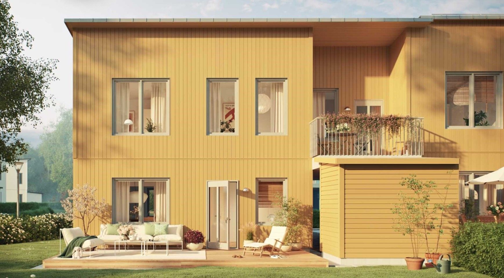 Gul modern villa med två våningar, stora fönster och en terrass med möbler, omgiven av grönska