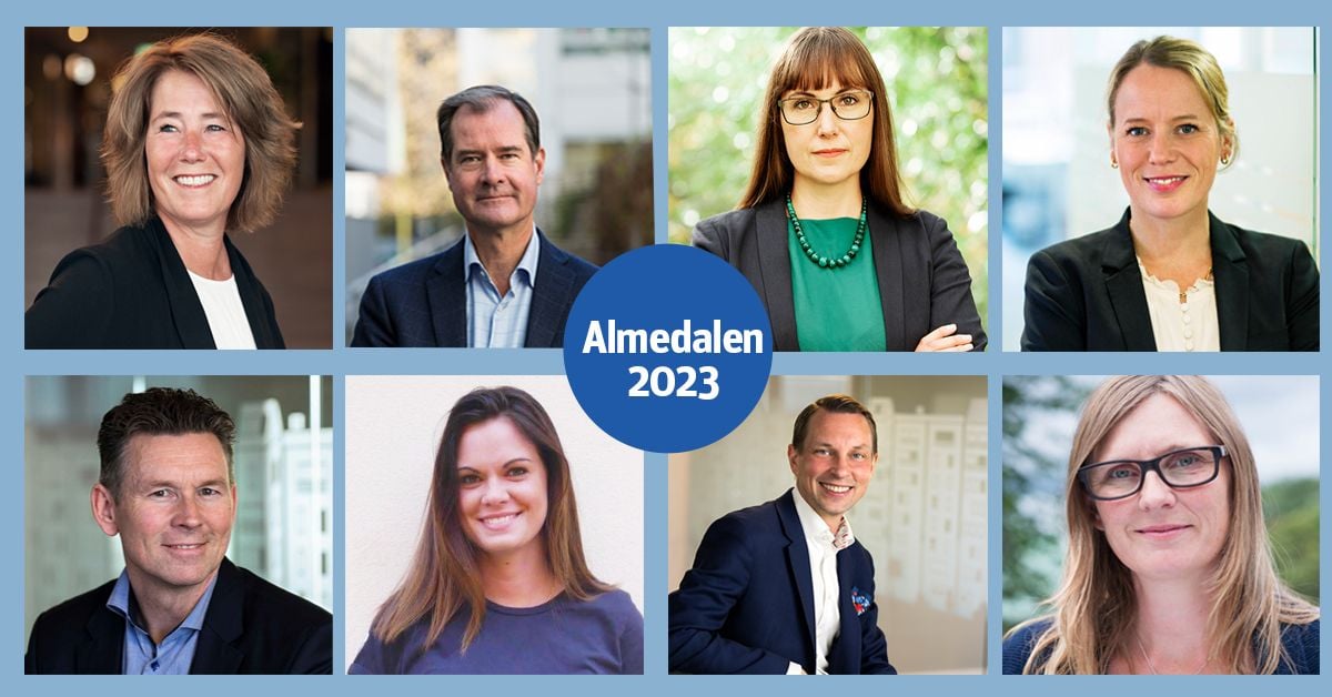 Sammansatt bild med åtta personer i formella kläder med Almedalen 2023-logotypen i mitten. Bakgrunderna varierar mellan inomhus- och utomhusmiljöer