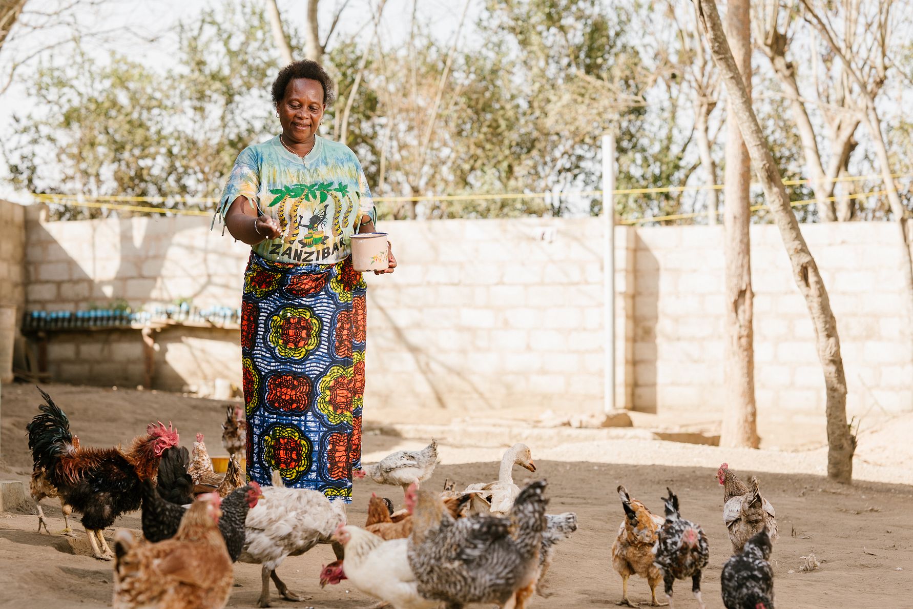 Person som står utomhus på en gård med flera höns runt omkring. Personen bär en färgglad tröja och en mönstrad kjol, omgiven av träd och en stenmur i bakgrunden
