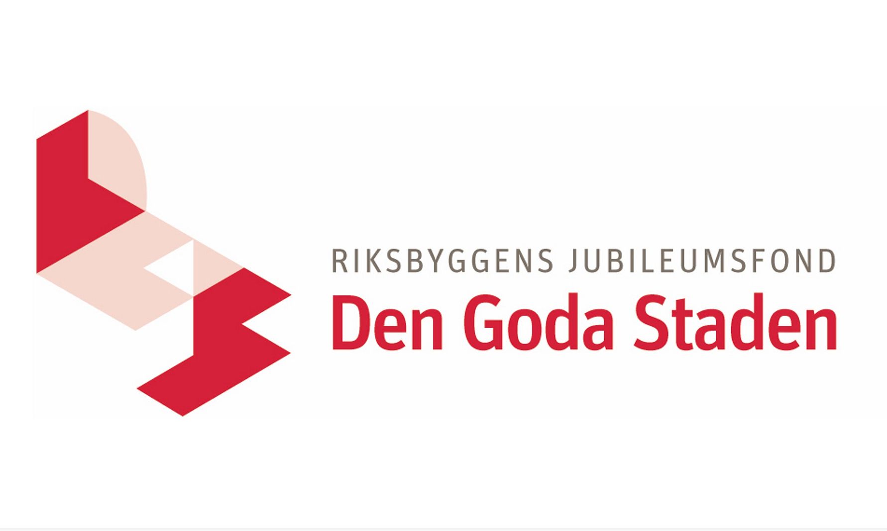 Logotyp för Riksbyggens jubileumsfond "Den Goda Staden" med röd grafisk design och text på vit bakgrund