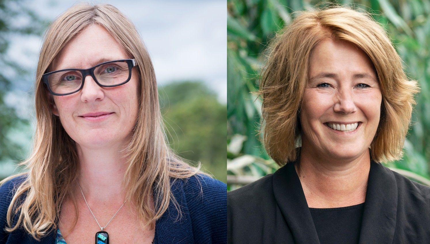 Två kvinnor med ljusbrunt hår. Den vänstra bär en mörkblå cardigan och ett halsband med en blå sten, den högra har kortare hår och bär en svart kavaj. Bakgrunderna är utomhus med grönska