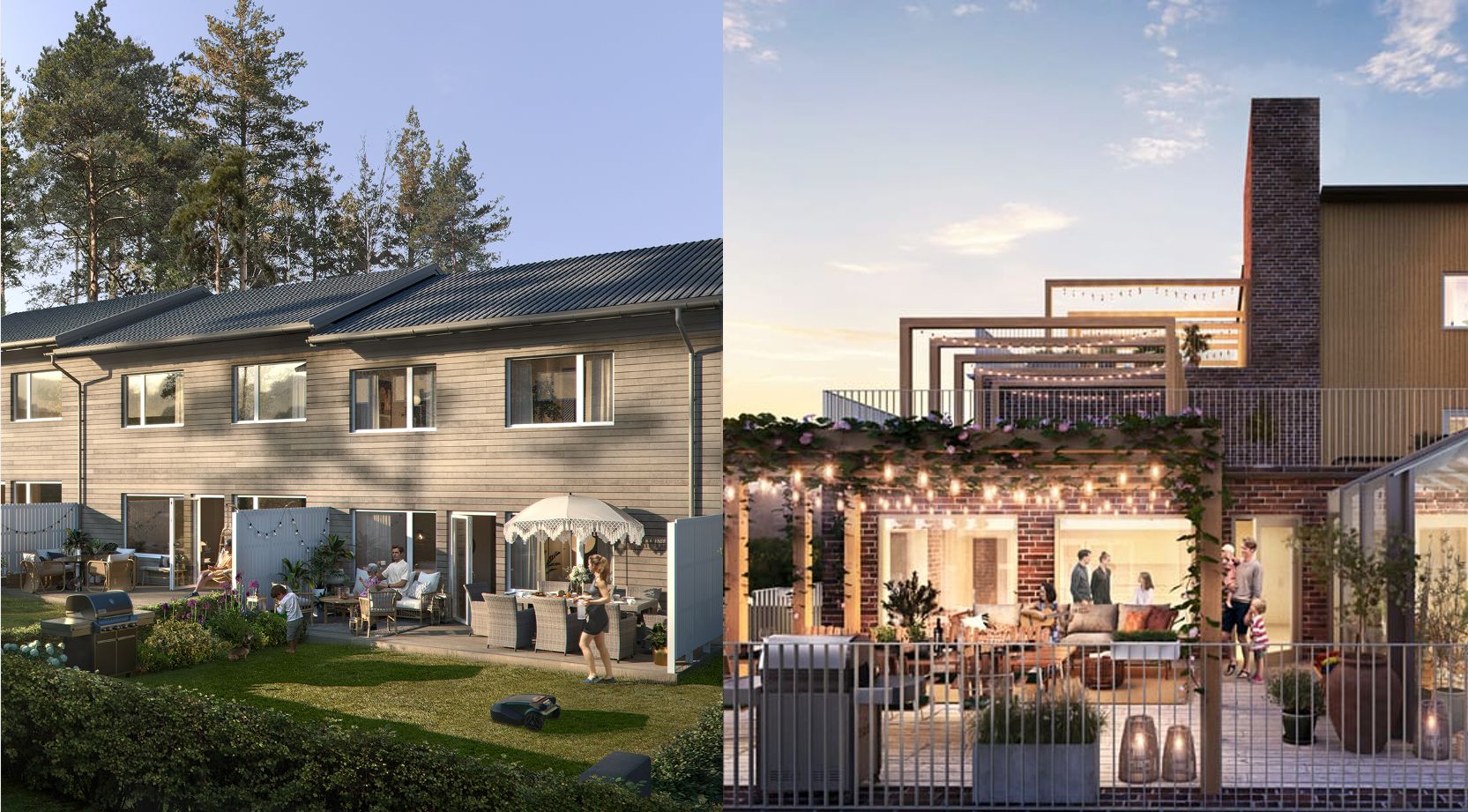 Radhus med trädgårdar i en grönskande miljö till vänster och en modern byggnad med terrasser och utomhusbelysning till höger