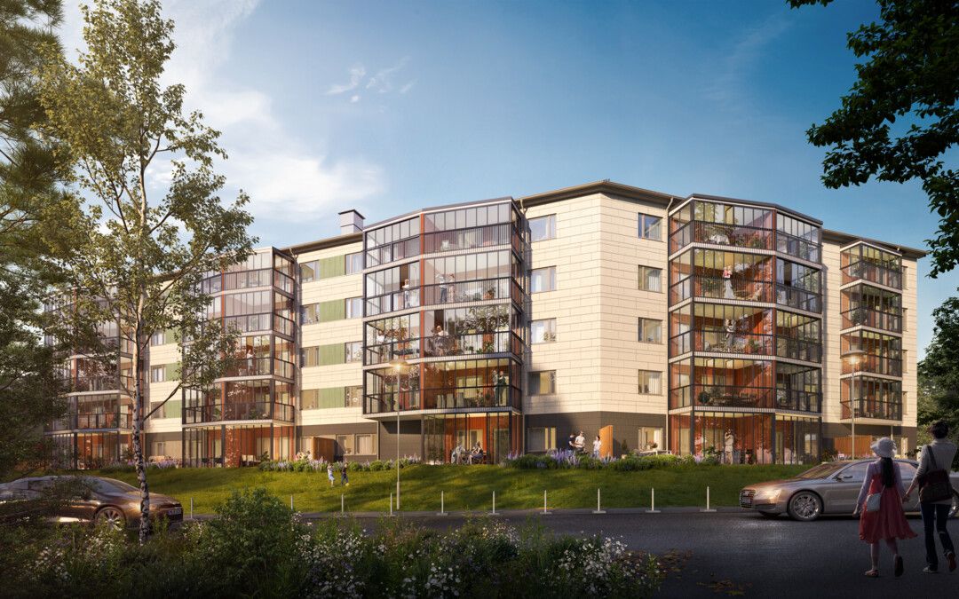 Ett modernt flerbostadshus med glasfasader, omgiven av grönska och en bilväg i förgrunden