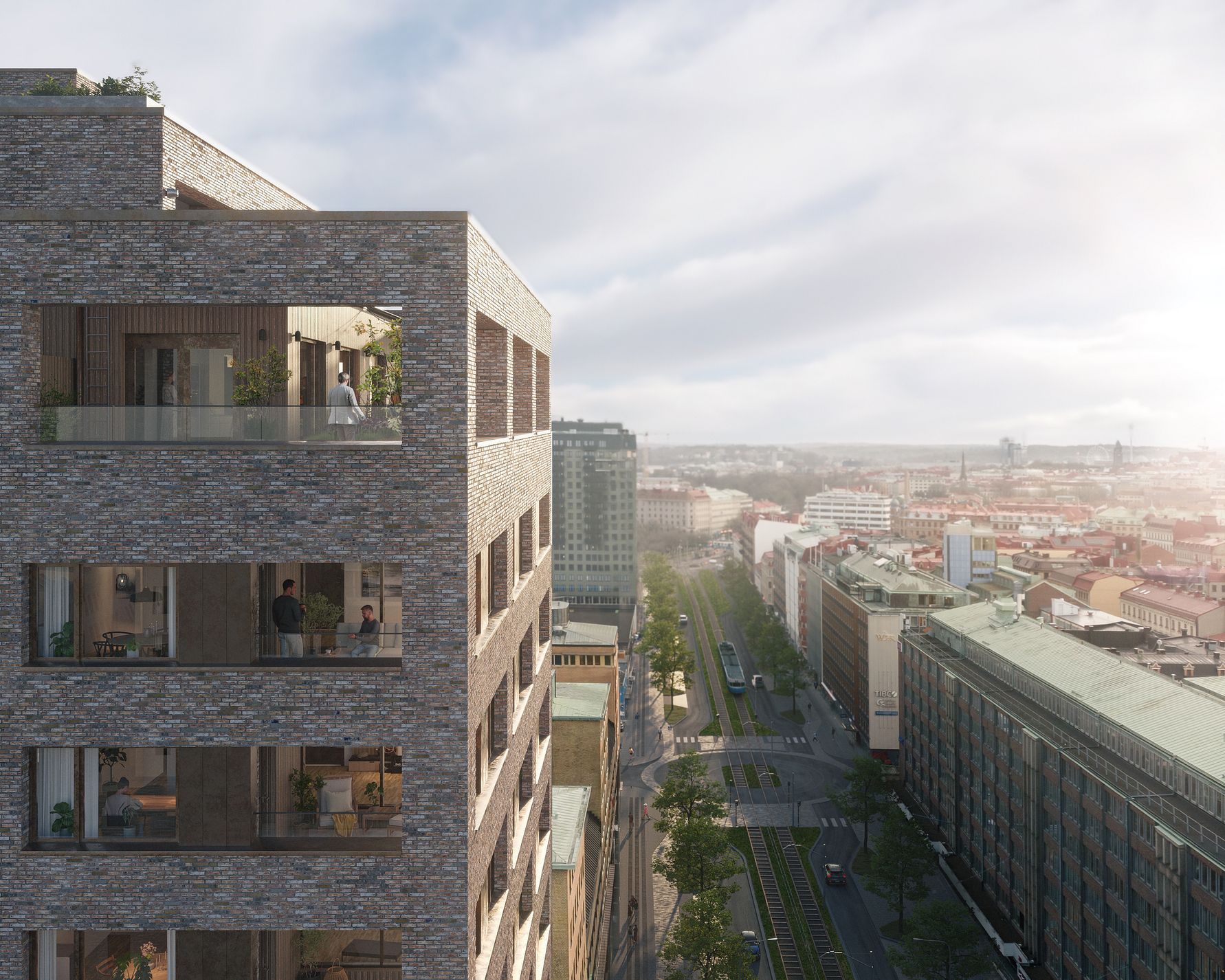 Flerbostadshus i modern arkitektur med balkonger, stadsvy i bakgrunden med gator och byggnader