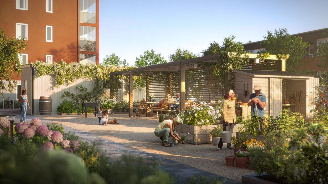 Gemensam trädgård med människor som planterar och vattnar växter, omgiven av grönska och moderna byggnader i bakgrunden