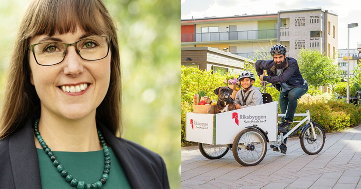Porträtt av en person i en grön tröja och ett halsband. Cykel med lastlåda syns i stadsmiljö, med två personer, barn och en hund i lådan, bredvid en skylt som tillhör "Riksbyggen