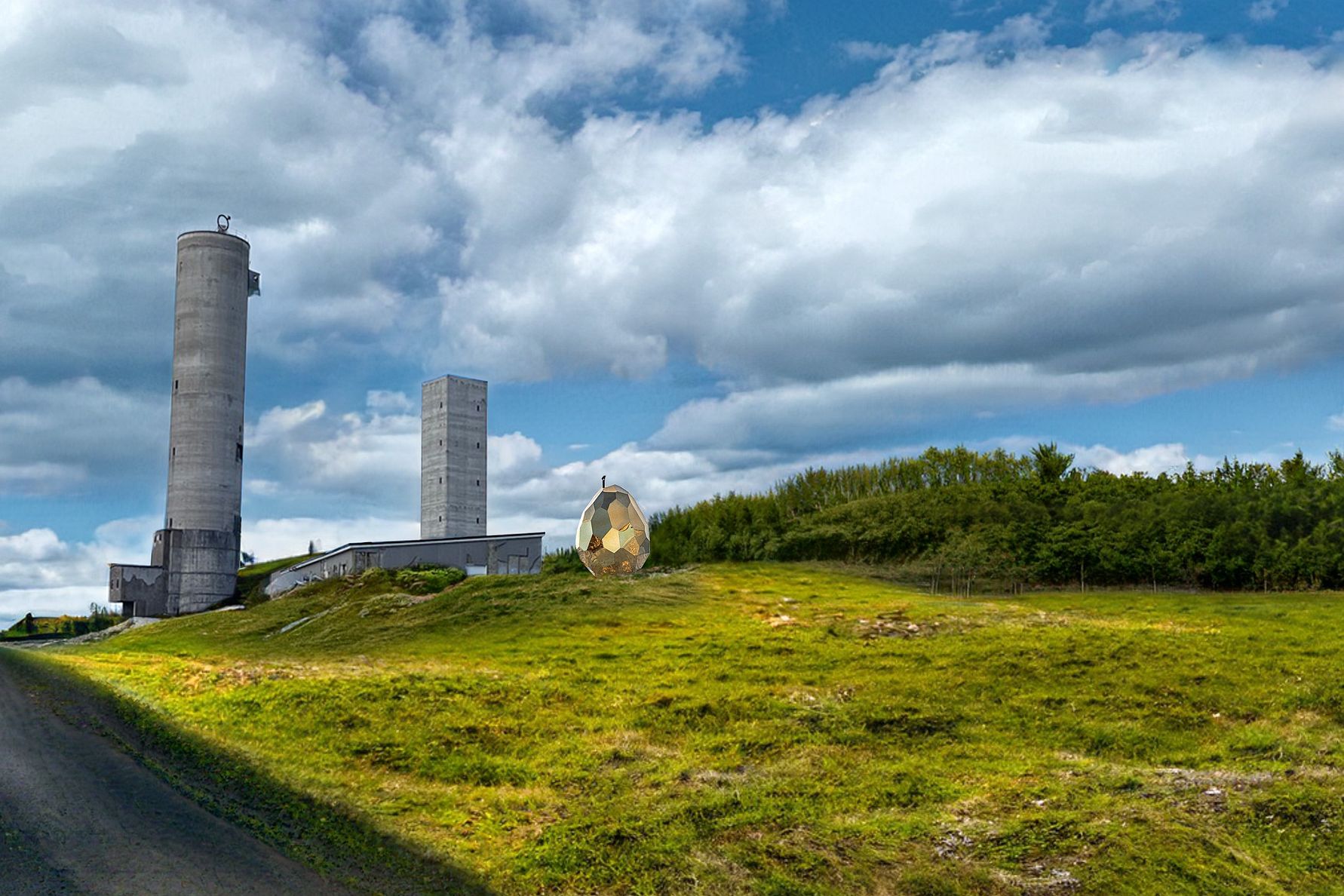 En modern byggnad med två höga torn och en stor sfärisk skulptur på en gräsbevuxen kulle, omgiven av skog och molnig himmel