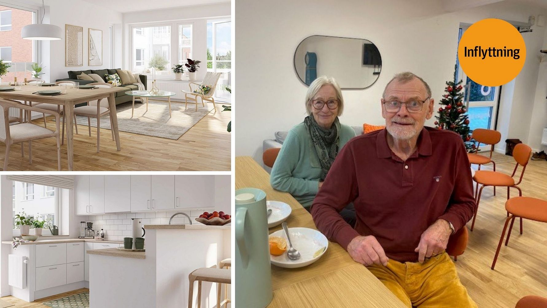 En collagebild som visar ett ljust vardagsrum, ett modernt kök och två personer som sitter vid ett bord med en julgran i bakgrunden