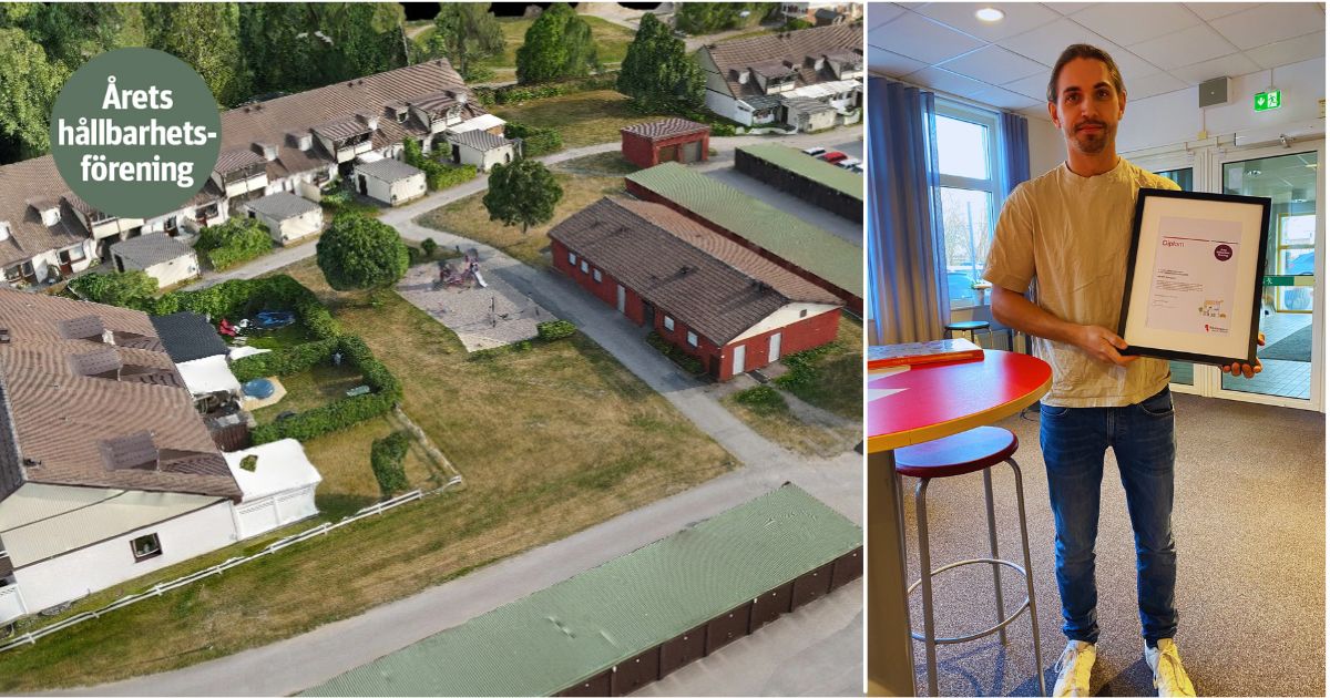 Flygfoto av ett bostadsområde med vita hus och gröna ytor, bredvid en person som håller i ett inramat diplom inomhus