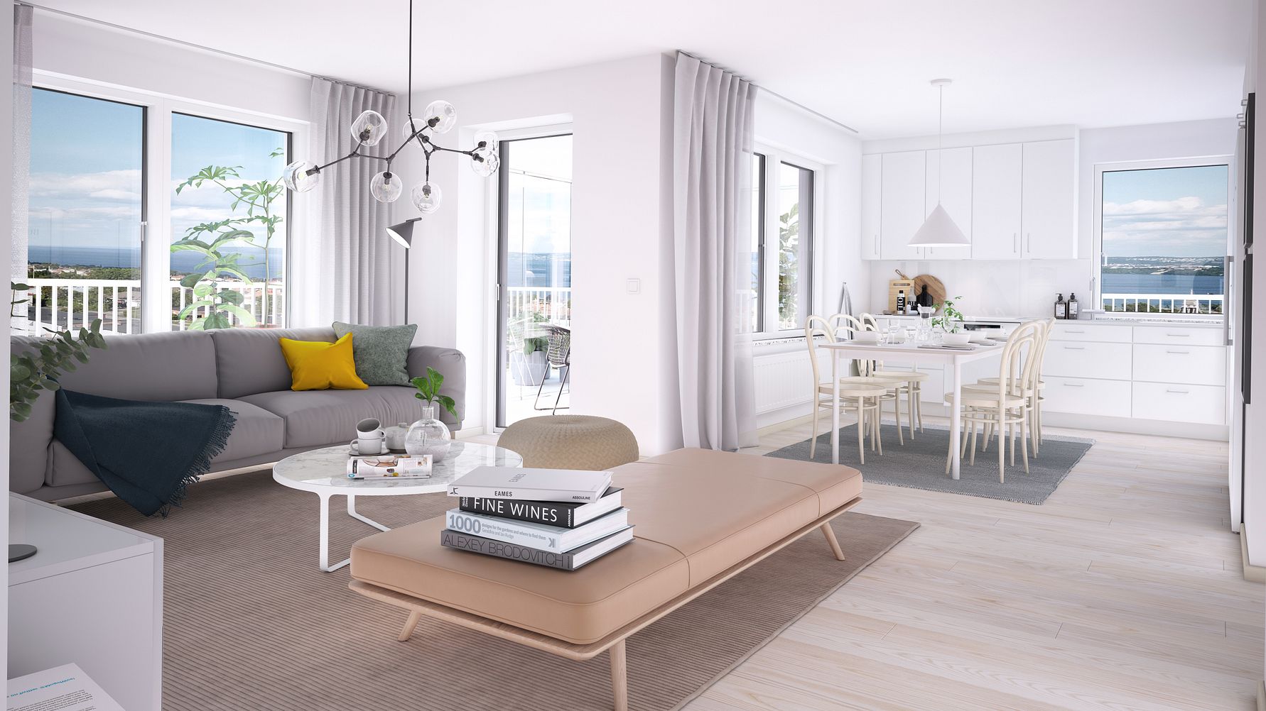 Ljust och modernt vardagsrum och kök i öppen planlösning, med grå soffa, beige dagbädd, matbord och stora fönster med utsikt över en balkong