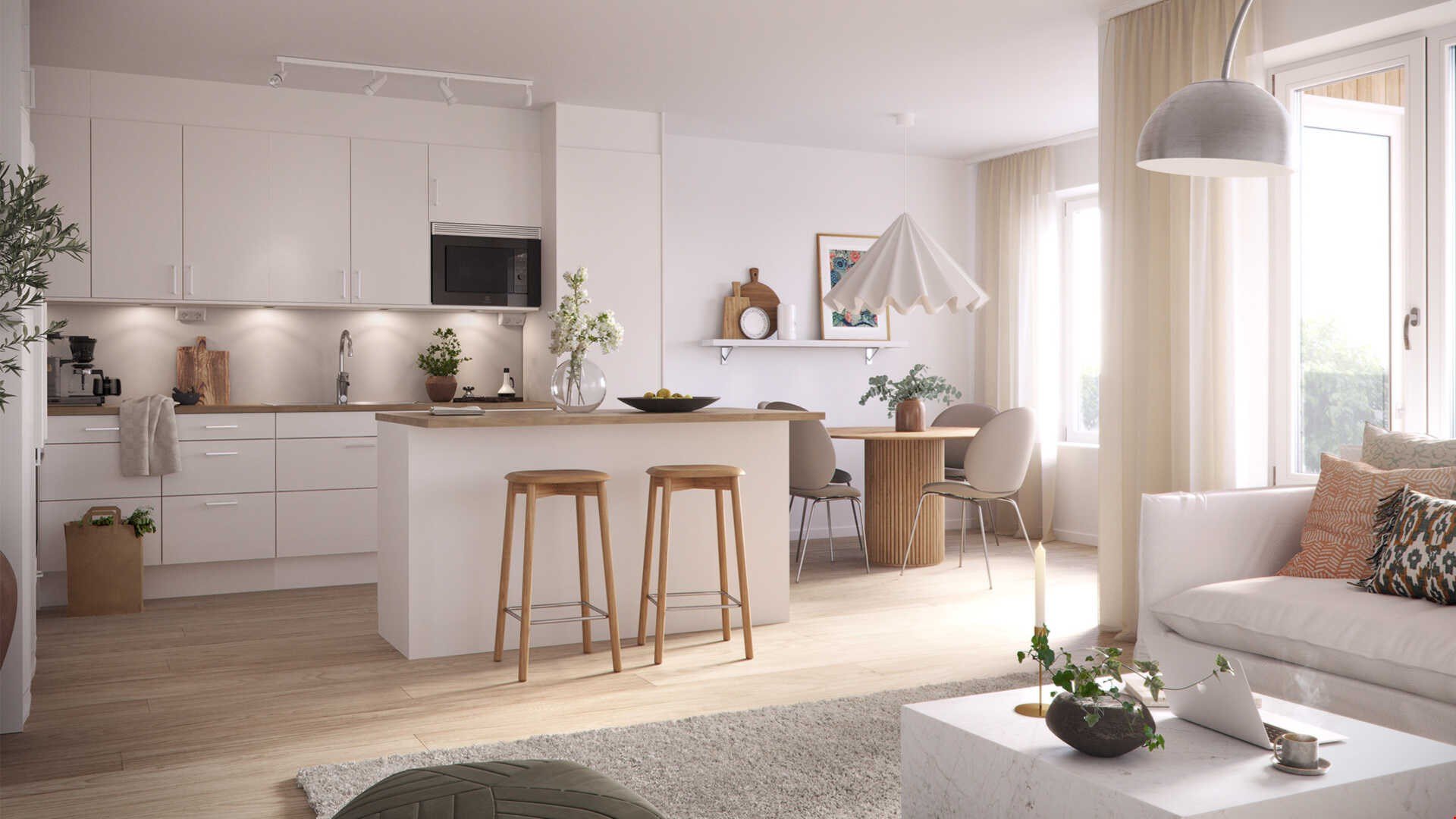 Modernt kök och vardagsrum i öppen planlösning med vita skåp, köksö i trä och stilfull inredning i naturliga färger