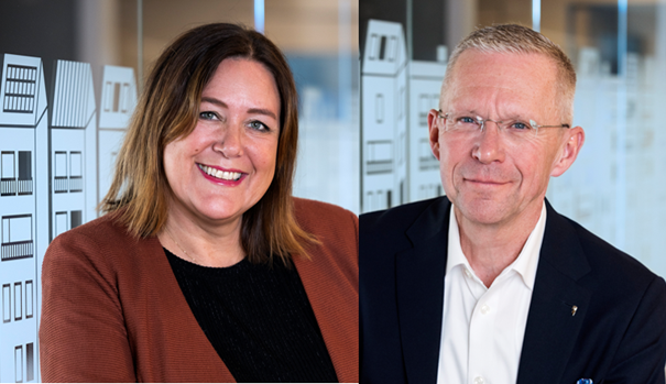 Porträtt av två personer framför en byggnadsillustration