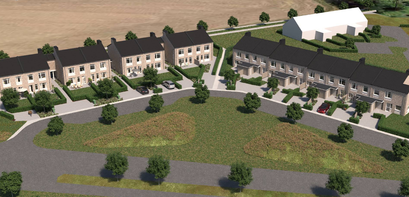 Flygvy av ett bostadsområdet Äppellunden med moderna radhus, omgivna av grönområden och träd