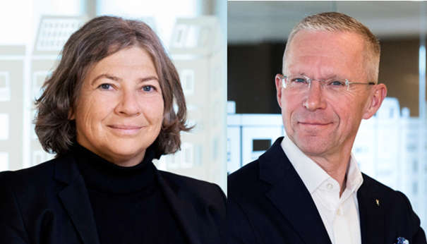 Porträtt av en kvinna i svart kavaj och svart polotröja bredvid en man i mörk kavaj och vit skjorta