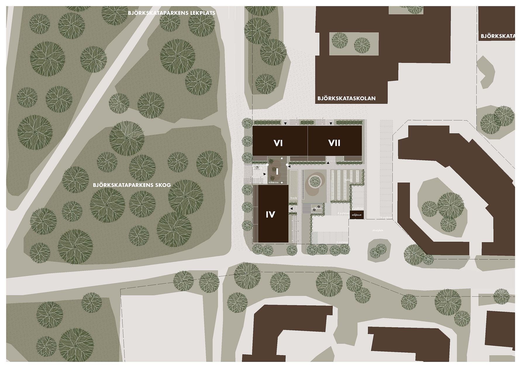 Illustration av stadsplan med byggnader markerade som VI, VII och IV tillsammans med grönområden och stigar
