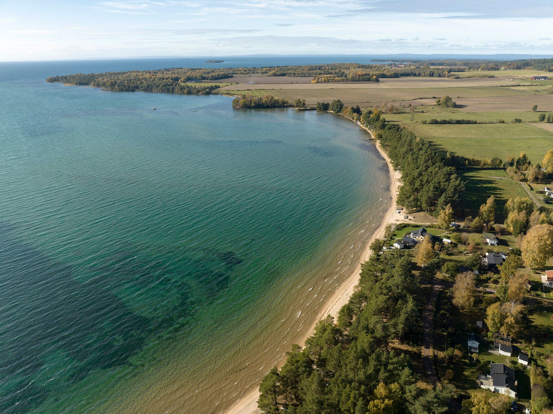 Flygbild av en kustlinje med sandstrand, klart blått vatten och gröna fält i bakgrunden