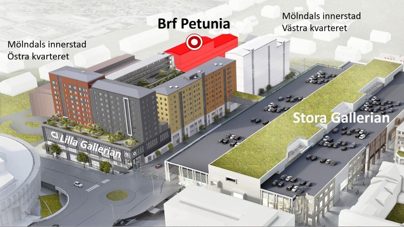 Illustration av Brf Petunia i Mölndals innerstad, med markerat område i rött, samt närliggande byggnader som Lilla Gallerian och Stora Gallerian