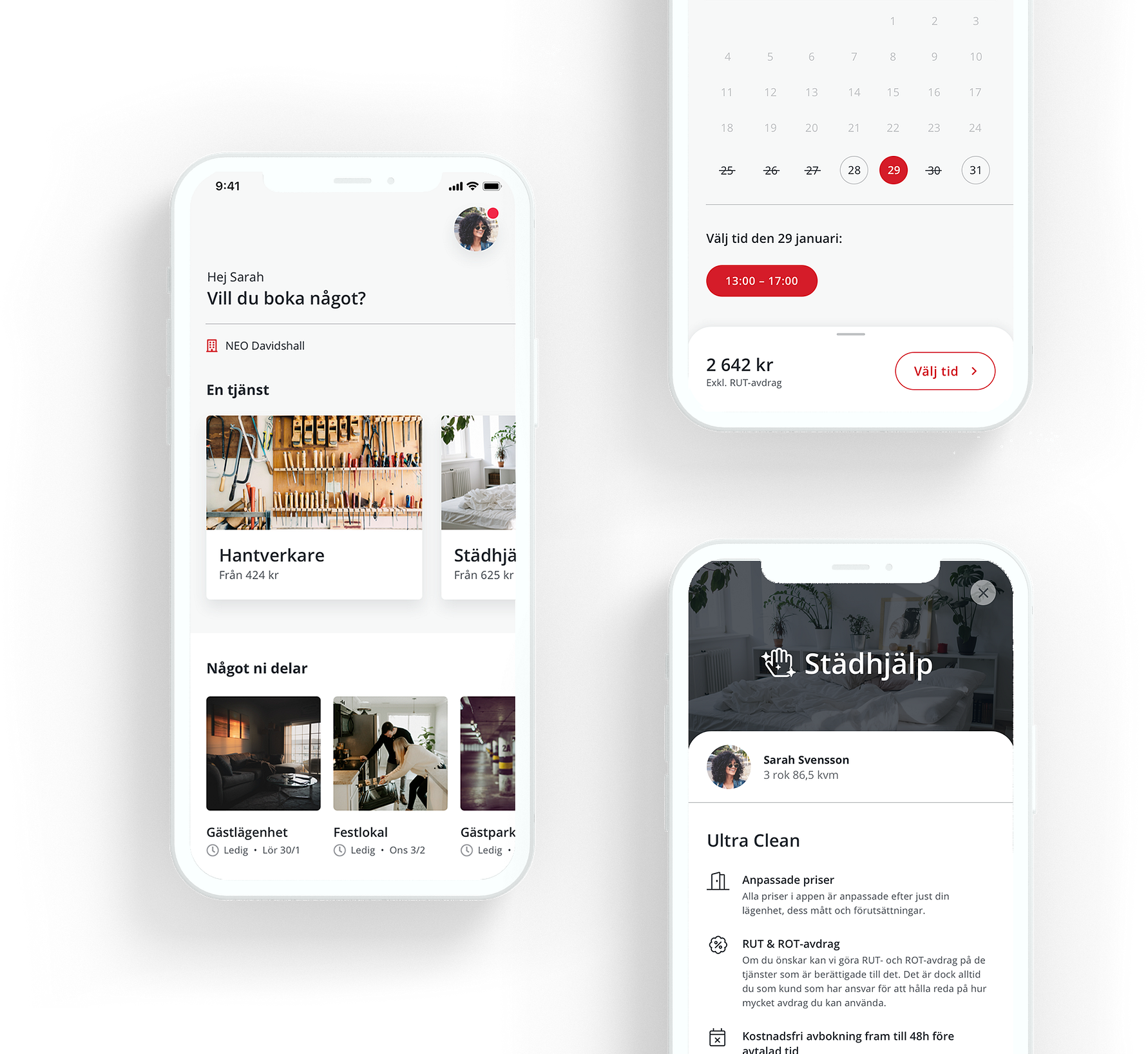 Skärmbild av en mobilapp som visar bokningsalternativ för tjänster, en kalender med datumval, och detaljer om städhjälp inklusive prisinformationen