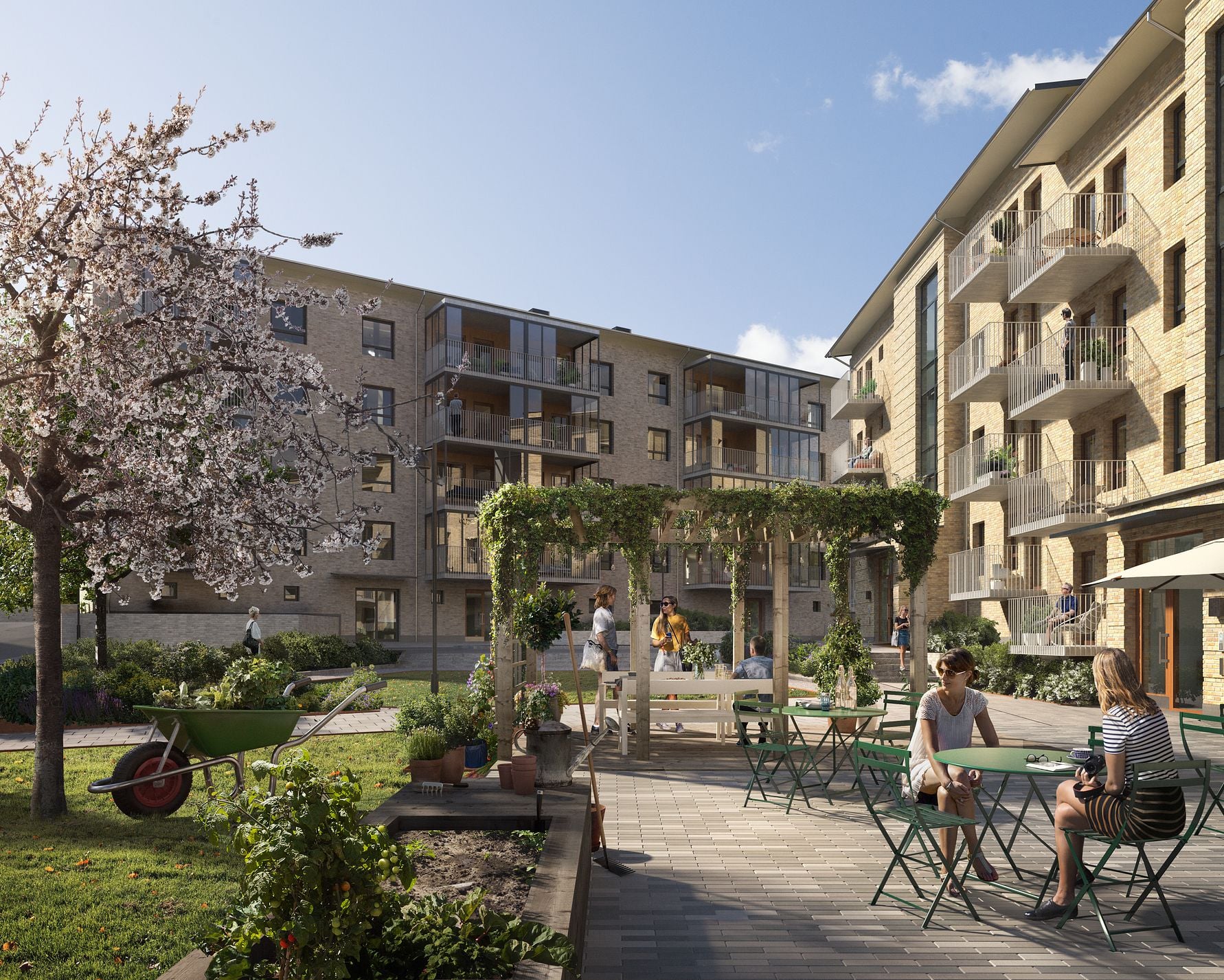 Bostadsgård med moderna lägenhetsbyggnader, grönskande träd och pergola, där människor sitter vid bord och socialiserar i soligt väder
