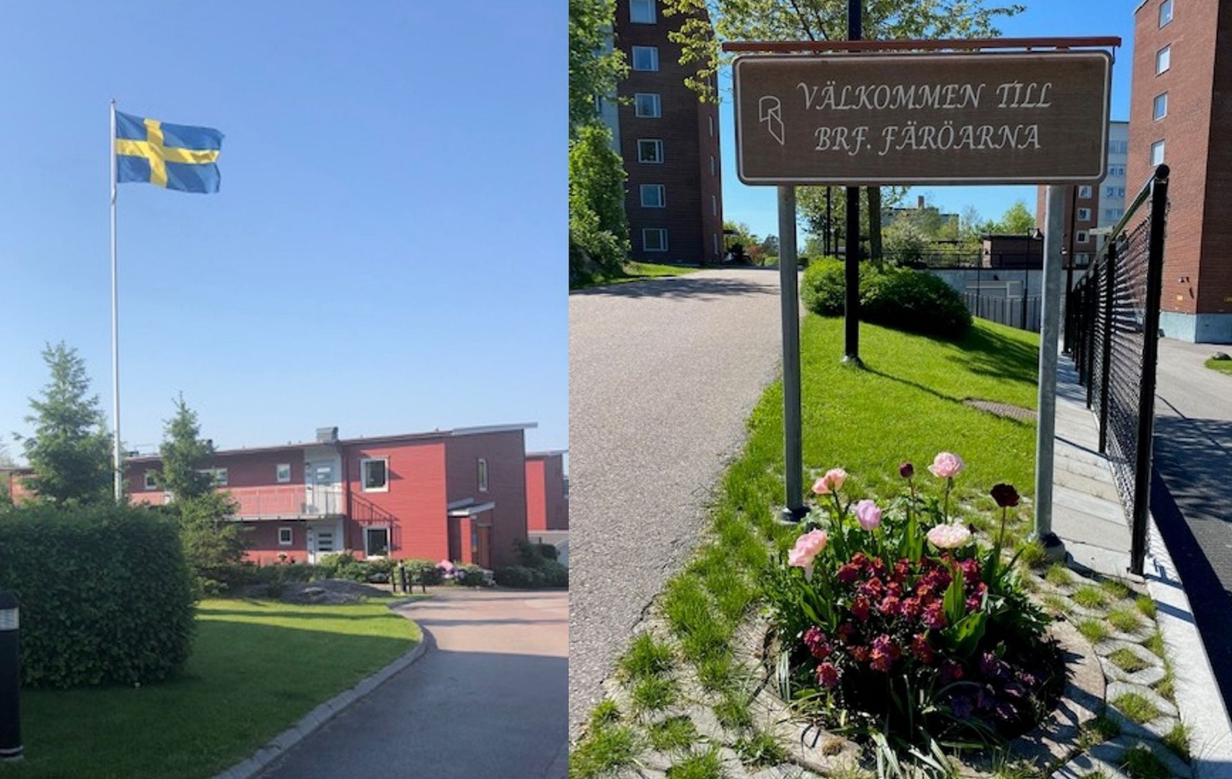 Svensk flagga vid ett rött bostadshus och en skylt med texten "Välkommen till BRF Fåröarna" omgiven av blommor