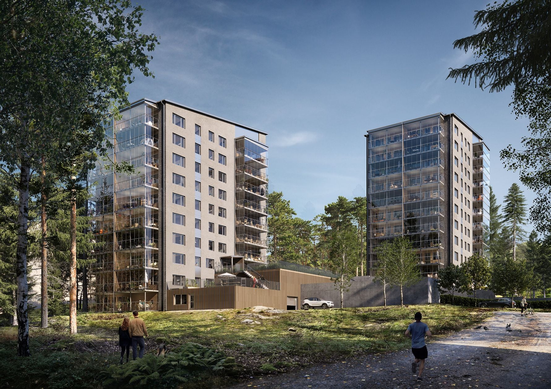 Två moderna flerfamiljshus med glasfasader omgivna av träd och grönska, med personer som promenerar och joggar i förgrunden