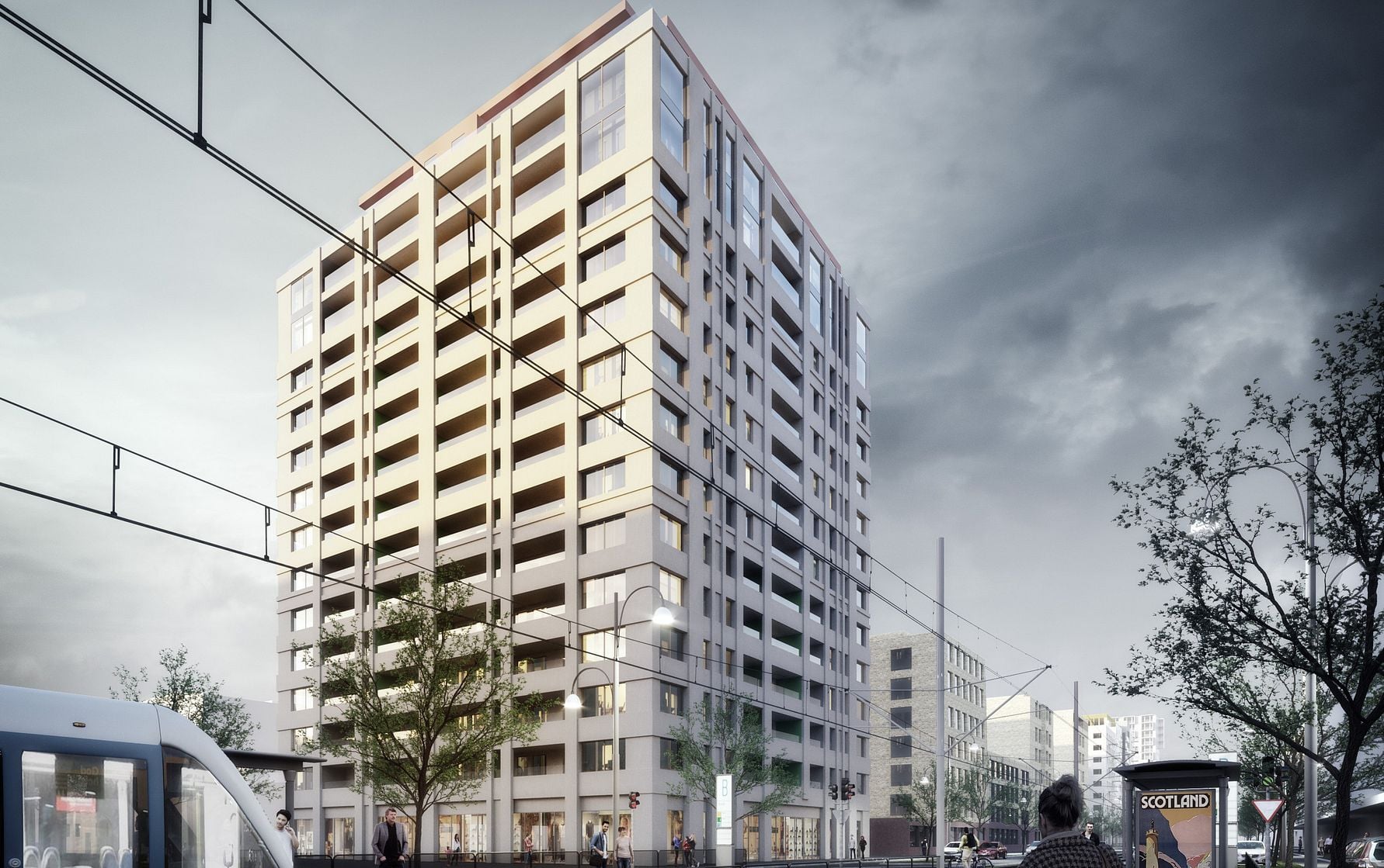Höghus i modern stil med glas- och betongfasad, omgiven av spårvagnsspår, träd och stadsmiljö under en molnig himmel