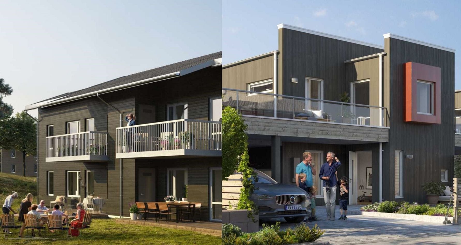 Två moderna bostadshus i trä, ett med balkonger och ett med loftgång, omgivna av grönska med människor som umgås utomhus samt en parkerad bil framför ena byggnaden