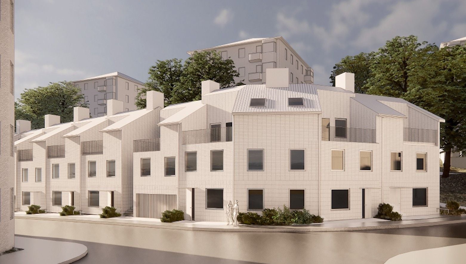 Radhus i modern arkitektur med vita fasader och stora fönster, omgivna av grönska och höghus i bakgrunden