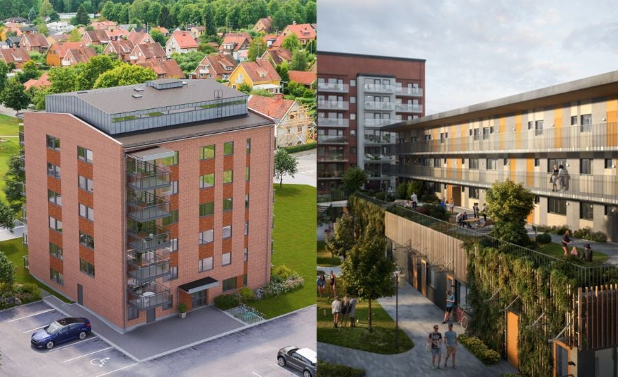 Två moderna flerfamiljshus, ett i rött tegel med balkonger och en grön omgivning, och det andra med färgglada fasader, gemensam innergård och människor som rör sig i området