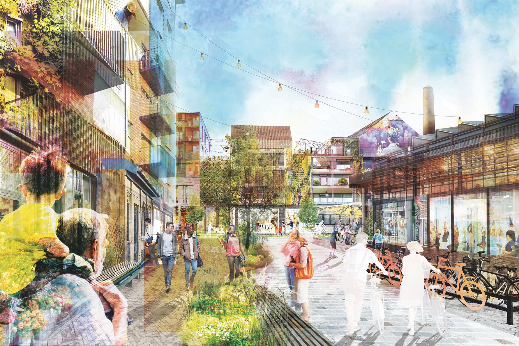 Illustration av ett stadskvarter med moderna byggnader, grönområden, människor som promenerar och cyklar samt uteserveringar under en klar himmel